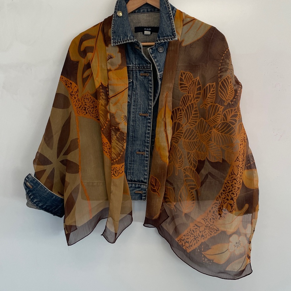 100% Silk Chiffon Scarf | Brown & Gold Botanical Print | Lightweight Long Scarf